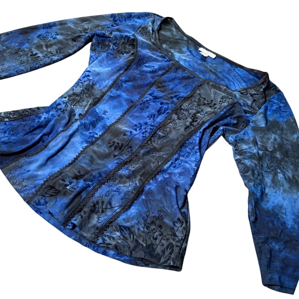 Whimsygoth Y2K Blue Black Tie Dye Burnout Velvet Lace Trim Long Sleeve Top Med